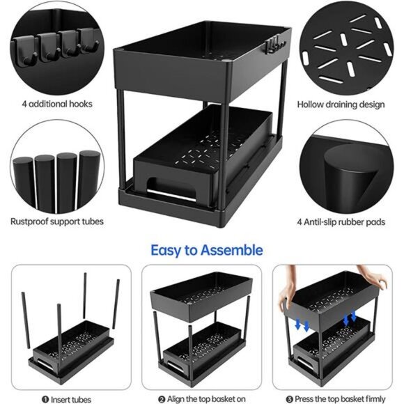 2 Tier Under-Sink Drawer, Black Under Sliding Cabinet Basket Organizer - Picture 6 of 6